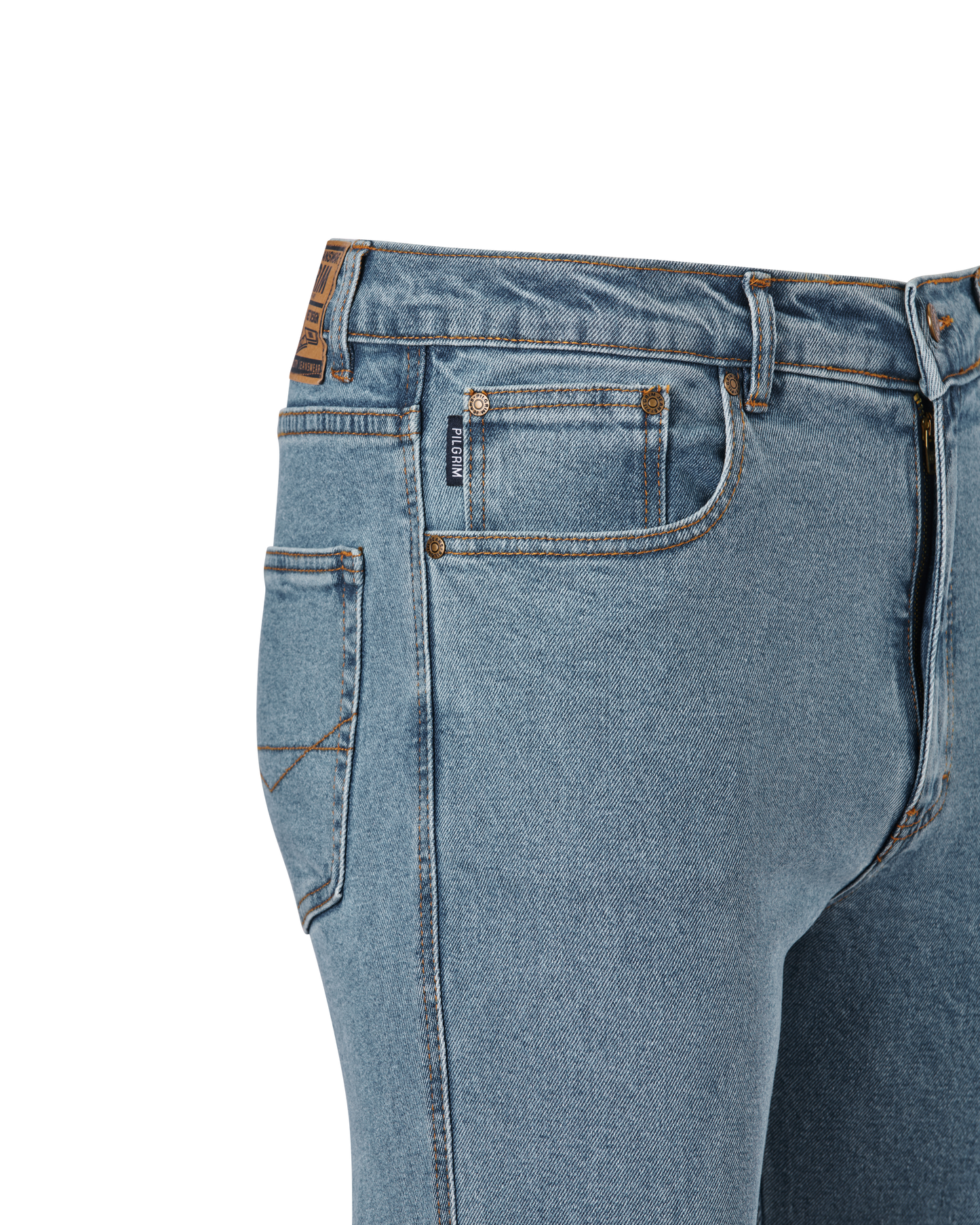 Mens 5 Pocket Western Jean, Stretch Fabrication, Short Leg, Indigo Double Stonewash
