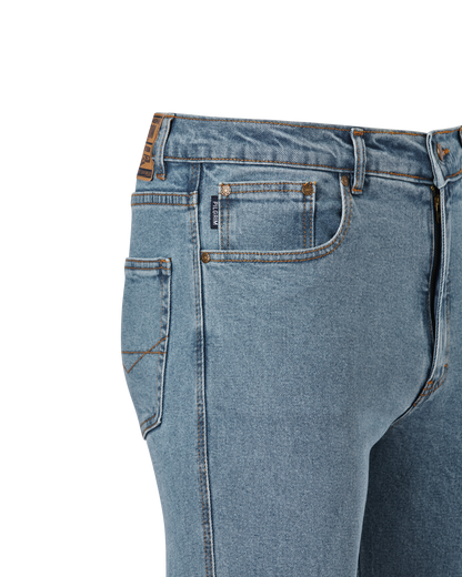 Mens 5 Pocket Western Jean, Stretch Fabrication, Short Leg, Indigo Double Stonewash