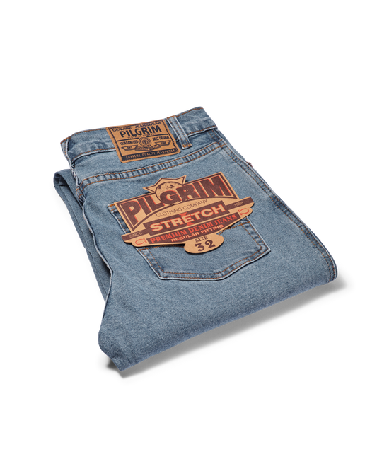 Mens 5 Pocket Western Jean, Stretch Fabrication, Short Leg, Indigo Double Stonewash
