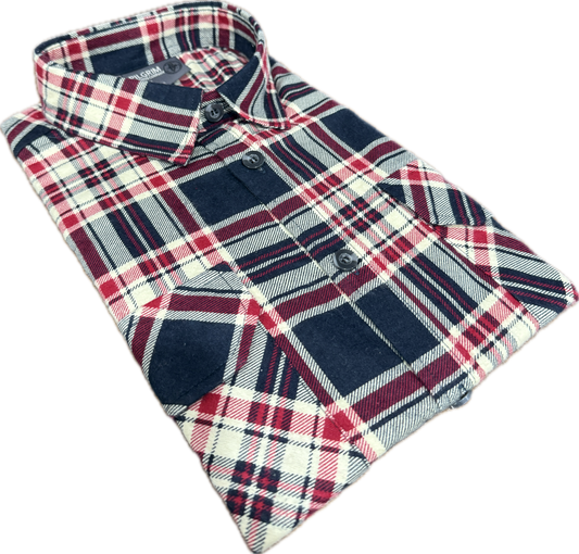 NEW SEASON - Mens Regular Size Full Button Flannelette Shirt (Navy - Red)