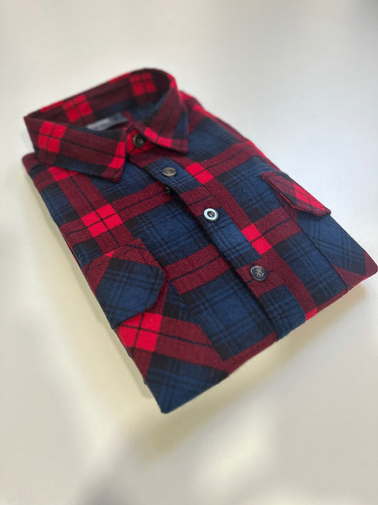 Mens Regular Size Half Button Flannelette Shirt (Red-Blue)